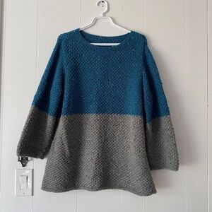 Hand knit 3/4 sleeve pull over crew neck sweater grey and teal